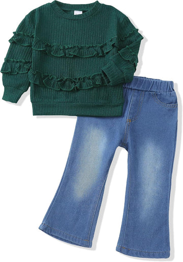 Toddler Baby Girl Clothes Kids Outfits Ruffle Heart Sweatshirt Jeans Denim Pants Set Little Girls Clothing