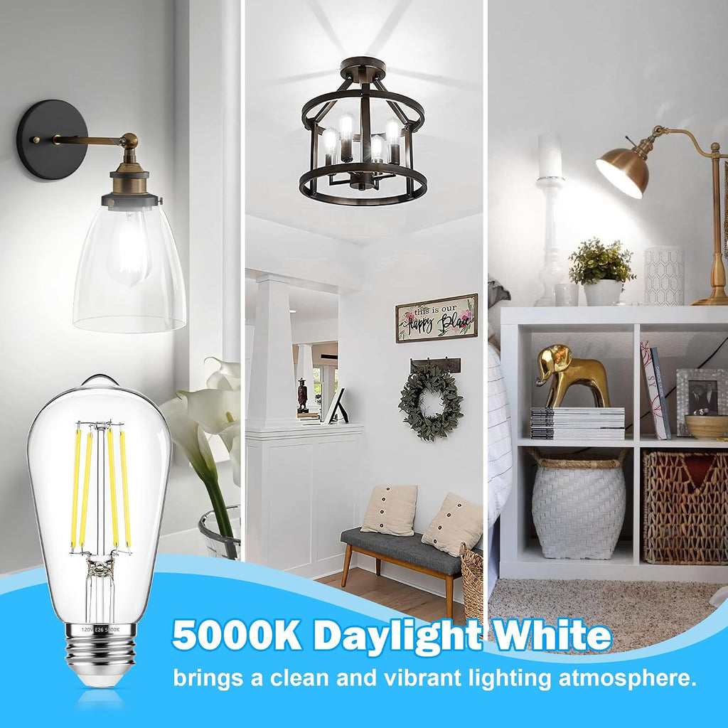 4-Pack Vintage Edison LED Bulbs, 60W Equivalent, 850LM 6W Edison Light Bulb Daylight White 5000K, ST58 LED Filament