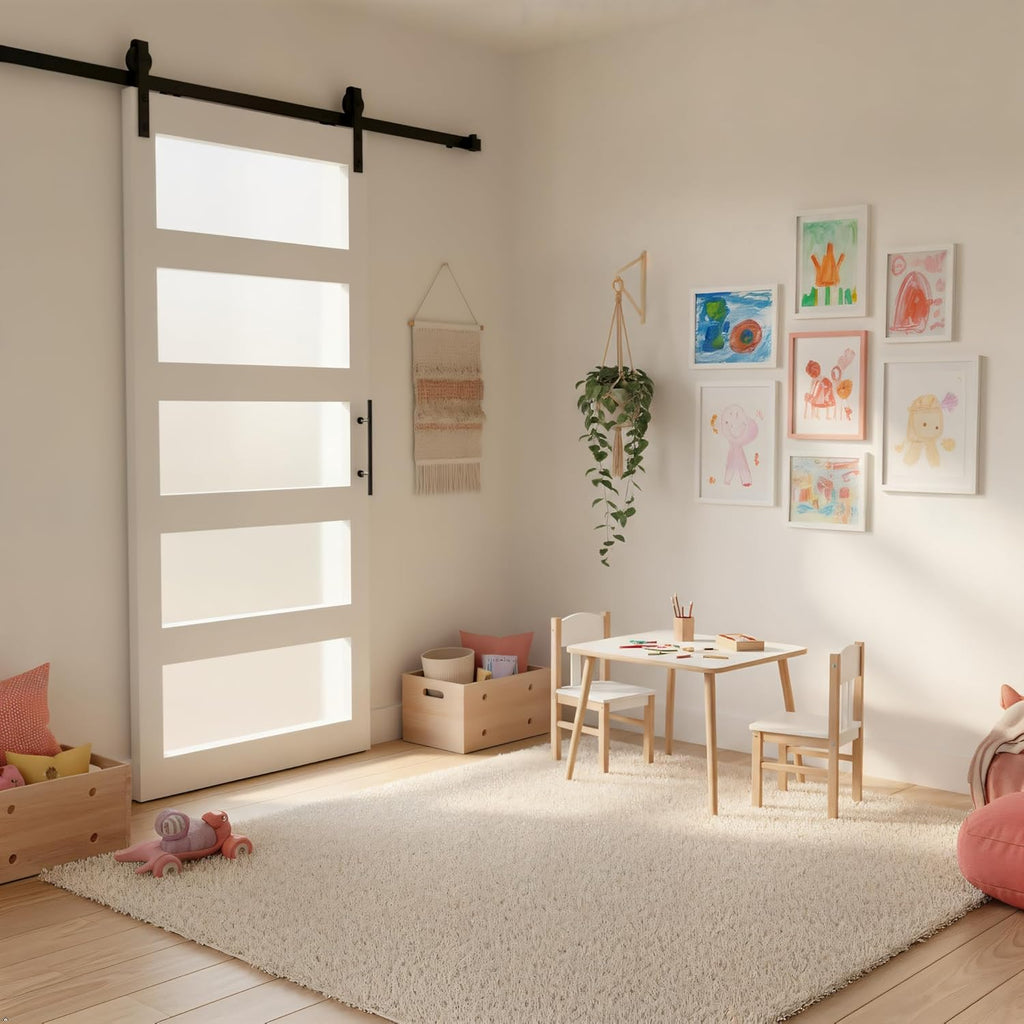 Sliding Barn Door, 36" x 84" 5-Lite Frosted Glass Door with 6FT Hardware Kit Included & Handle,Solid