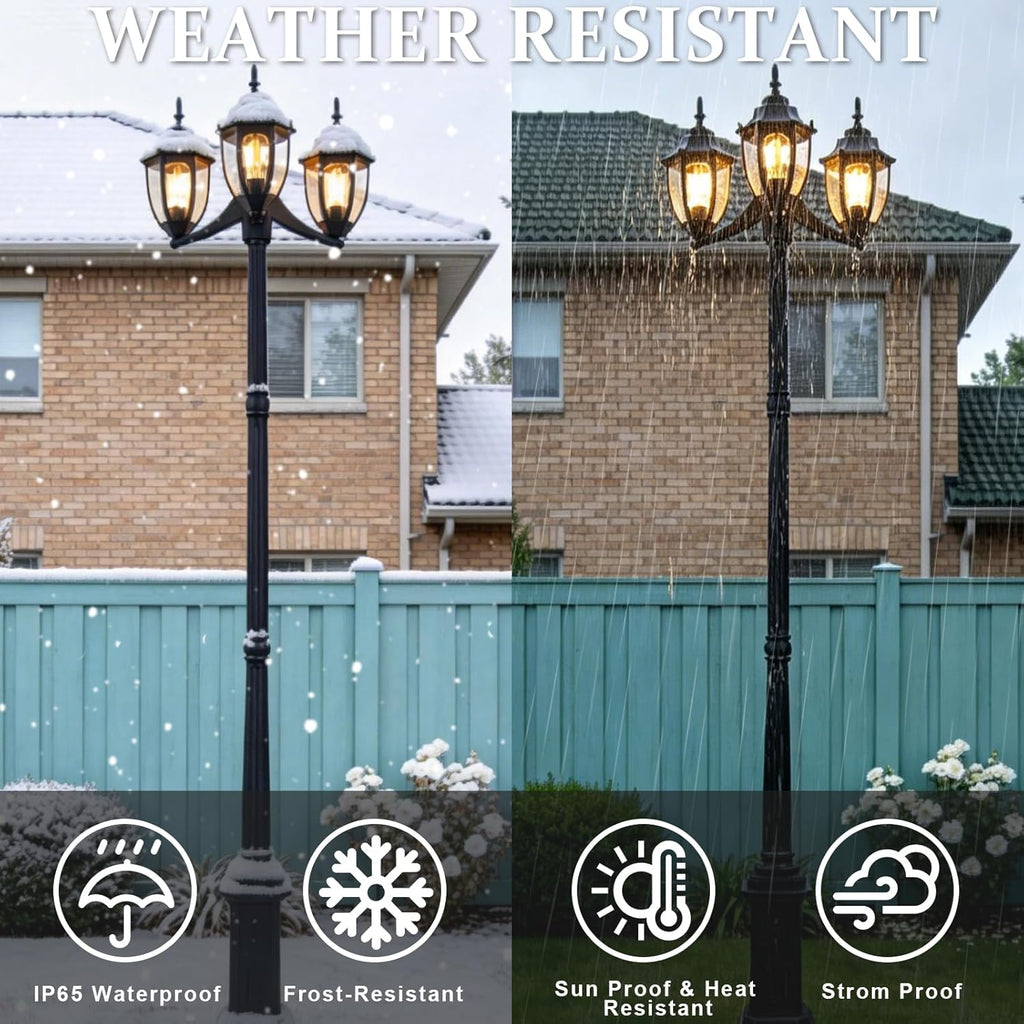 Outdoor Post Light Dusk to Dawn Sensor 3-Head Outdoor Lamp Post with Outlet Gfci