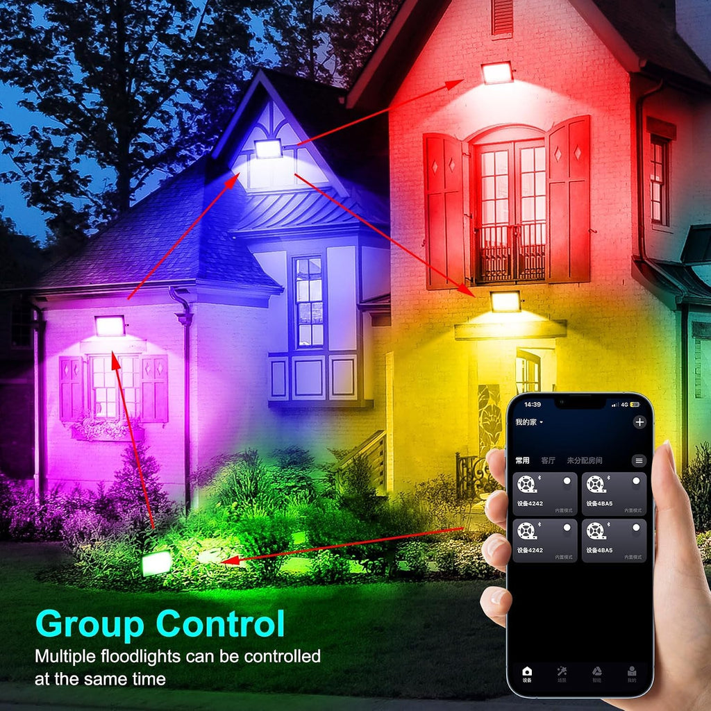 RGB LED Flood Light Outdoor 1000W Equivalent, 100W Bluetooth RGBCW Smart Floodlights 2700K, 16 Million Color