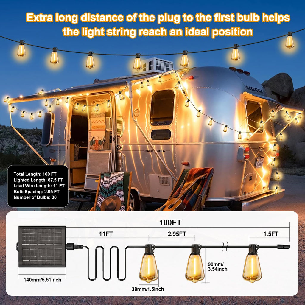 Solar String Lights Outdoor Waterproof with Remote & Timer, LED Shatterproof ST38 Bulbs, USB & Solar Powered