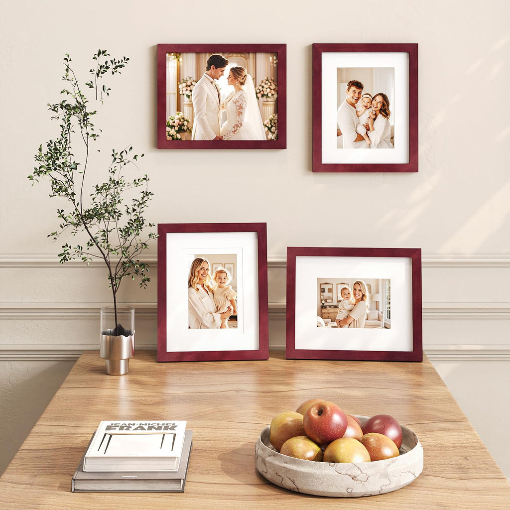 8x10 Picture Frames 4 Pack - Wood Frames Covered by Plexiglass for Pictures 4x6 or 5x7 with Mat or 8x10 Without Mat