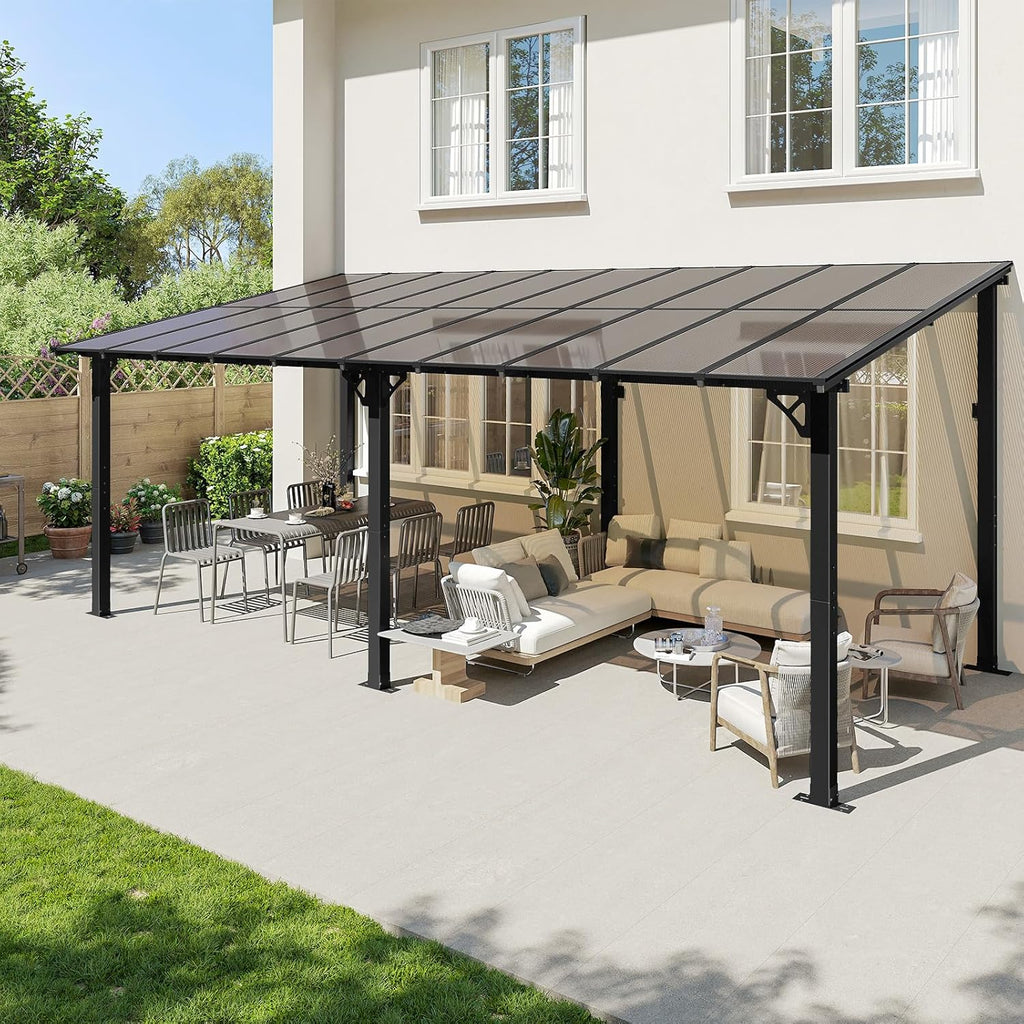 20' x 10' Gazebo Gazebo Pergola with Sloped Roof, Large Wall-Mounted Heavy Duty Awnings (Black)