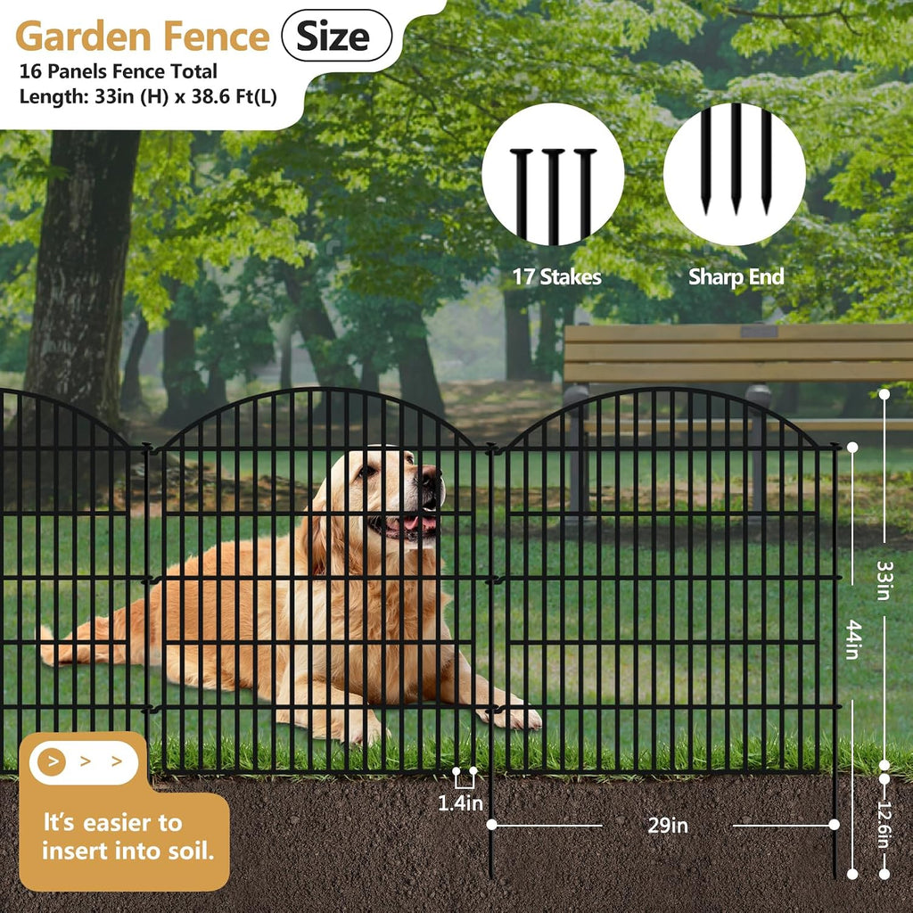16 Panels Decorative Garden Metal Fence, 33in (H) x 38.67ft (L) No Dig Dog Fencing for Outdoor Yard, Rustproof Animal