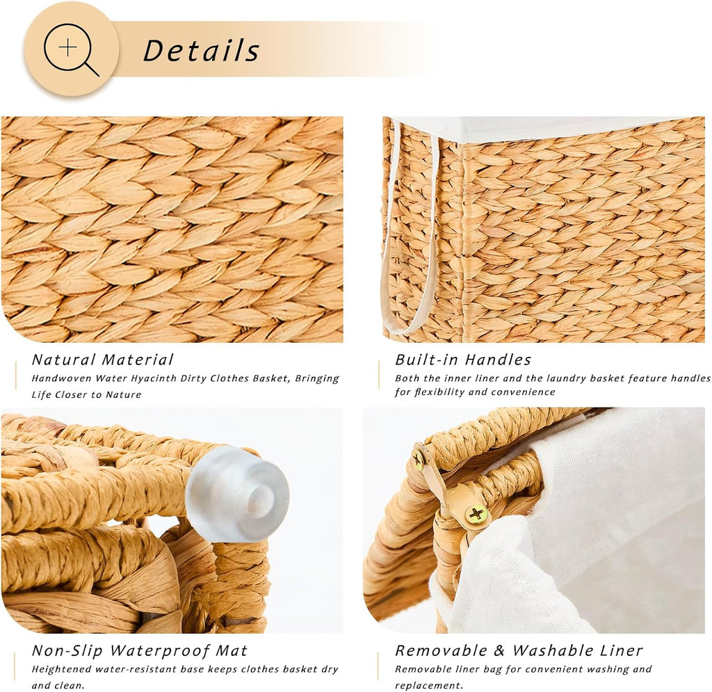 Handwoven Slim Laundry Hamper with Lid, Narrow Wicker Laundry Basket, Natural Water Hyacinth Basket and Handleswith