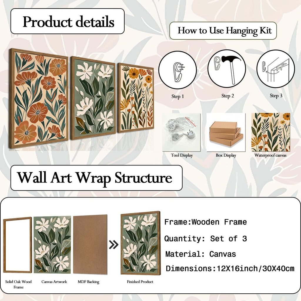 Framed Boho Floral 3 Piece Wall Art,Mid Century Modern Abstract Flower Pictures Wall Decor,Minimalist Botanical