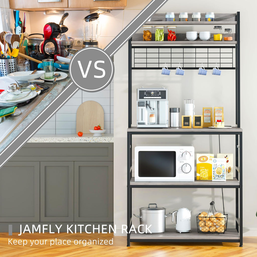 Kitchen Bakers Rack with Power Outlet, Coffee Bar Cabinet, Kitchen Racks with Storage Cabinet, 5-Tier Microwave Stand
