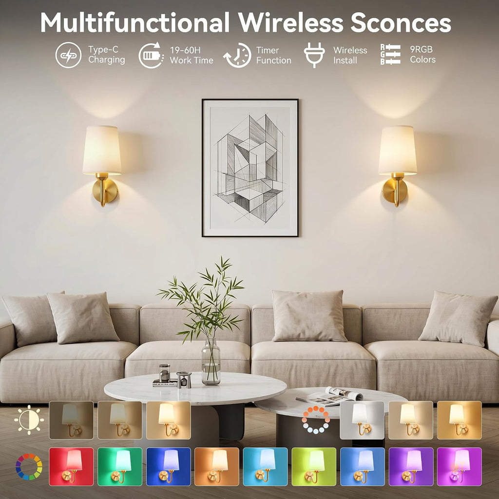 Battery Operated Wall Sconces Set of 2, Wireless Rechargeable Dimmable Wall Light with RGB Bulb and Remote for Bedroom, Living Room, Hallway (Gold)