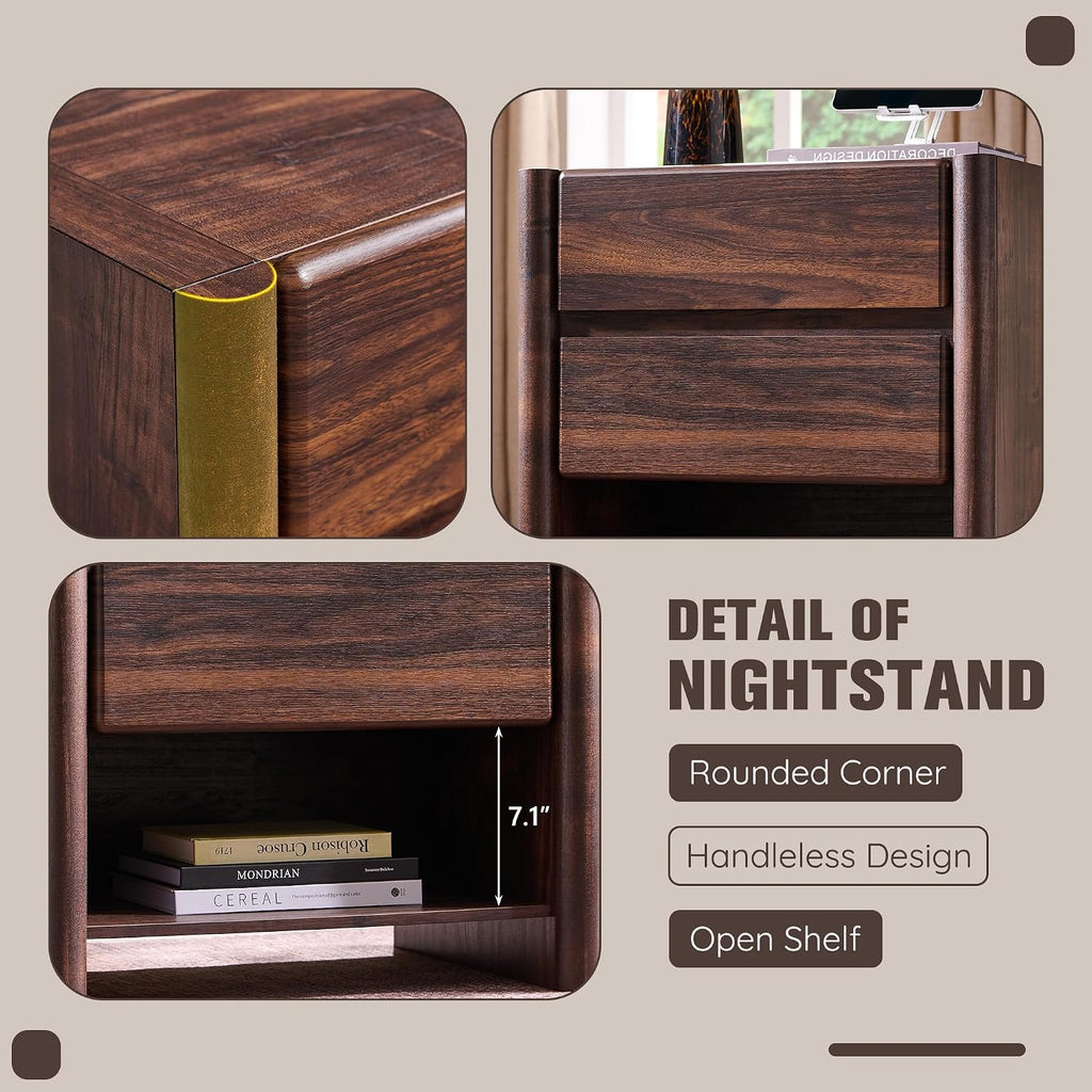 25" Tall Modern Nightstand Set of 2, 23.6" W Night Stand with Charging Station & 2 Storage Drawers & Open Shelf, Wood