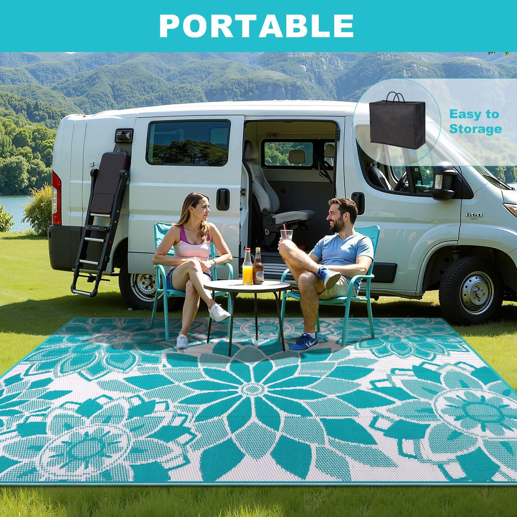 Outdoor Rug for Patio 9x12 ft Reversible Plastic Straw Patio Camping Rug, Floral Waterproof RV Mat f