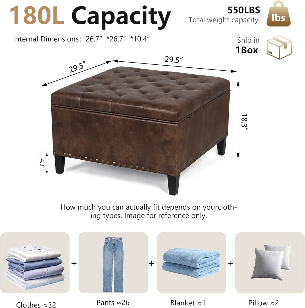 Faux Leather Storage Ottoman Bench, Square Tufted Coffee Table