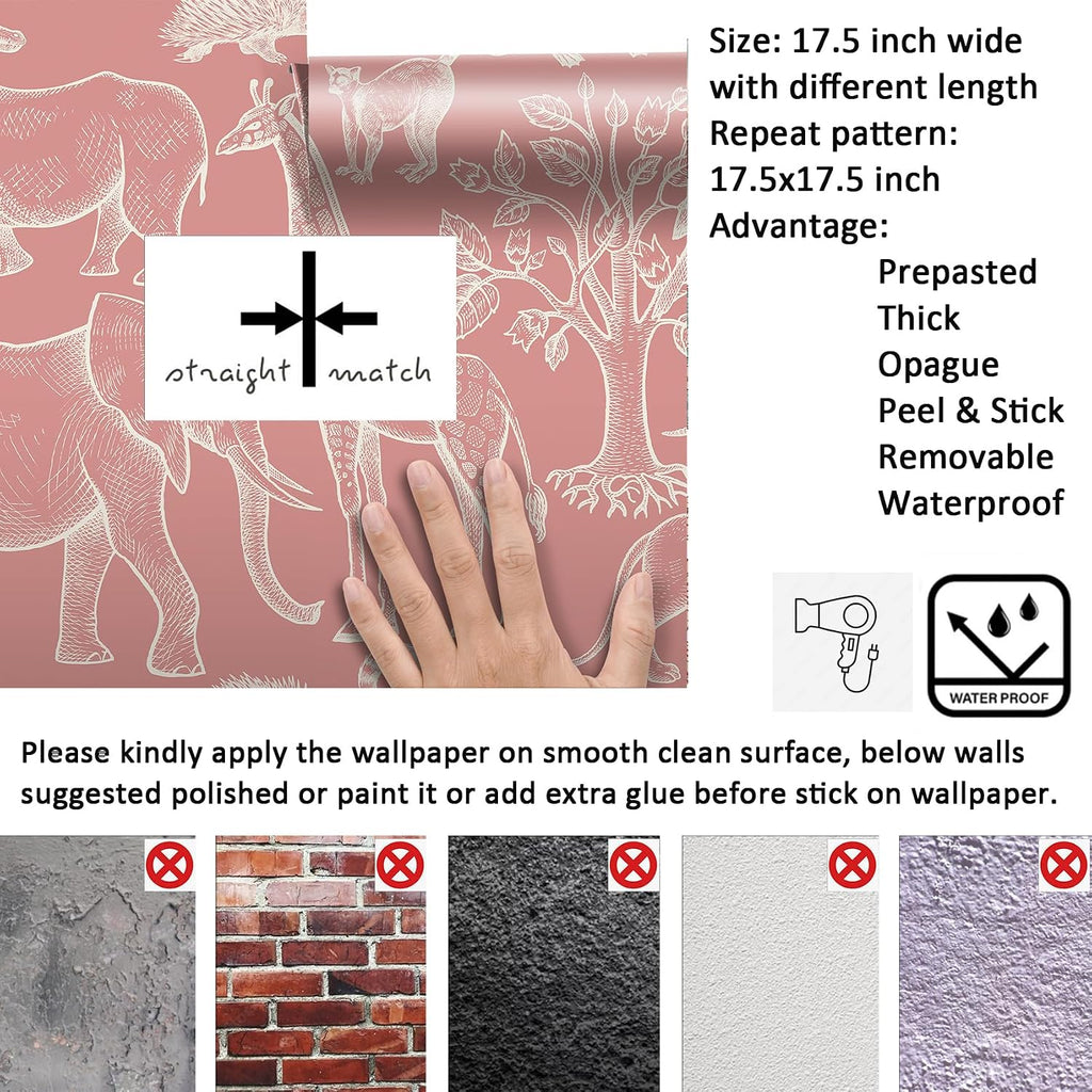 17.5x276 Cute Pink Peel and Stick Wallpaper Giraffe Bird Tree Elephant Animal Wall Paper Mural Girly Pink Contact