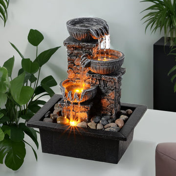 Tabletop Fountain 3 Bowls with LED Light Soothing Water Flowing Sound Fountain Zen/Meditation Decor Home Décor