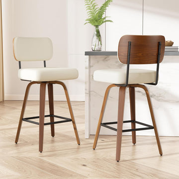 Swivel Bar Stools Set of 2, 26" Upholstered Faux Leather Counter Height Barstools with Walnut Back & Bentwood Legs