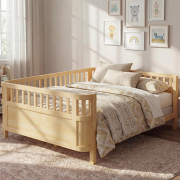 Full Size Wood Floor Bed, Montessori Platform Daybed Frame with Safety Rails & Low Profile, Space Saving U-Shaped