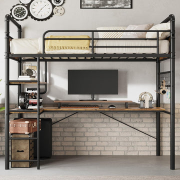 Loft Bed Twin with l-Shaped Desk, Metal Bunk Bed with 2 Open Shelves and Decorative Mesh