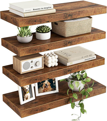 Floating Shelves for Wall Decor (Rustic Brown, Set of 4, 15.7 Inch) | MDF Shelves with Metal Brackets, Space Saving