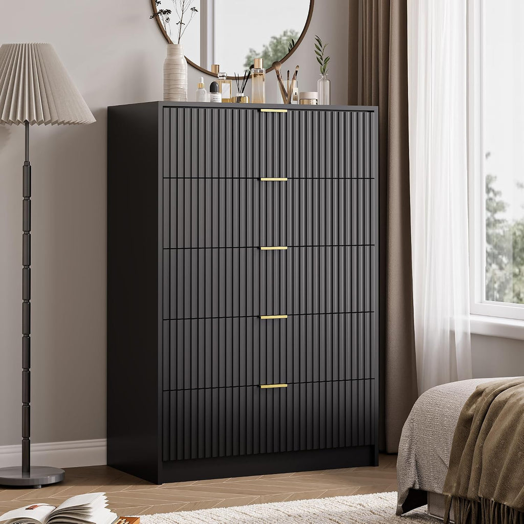 5 Drawer Dresser , Tall Dresser Chest of Drawers with Gold Handles, 32 Inch Wide Nightstand with s, Offices, and