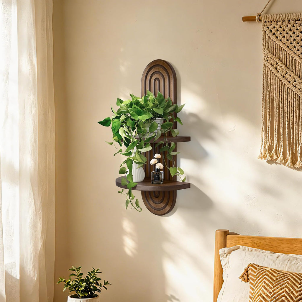 Wall Shelf with Arched Mid Century Boho Wall Decor Wood Design 2-Tier Wooden Floating Shelves for wall, Plant Wall