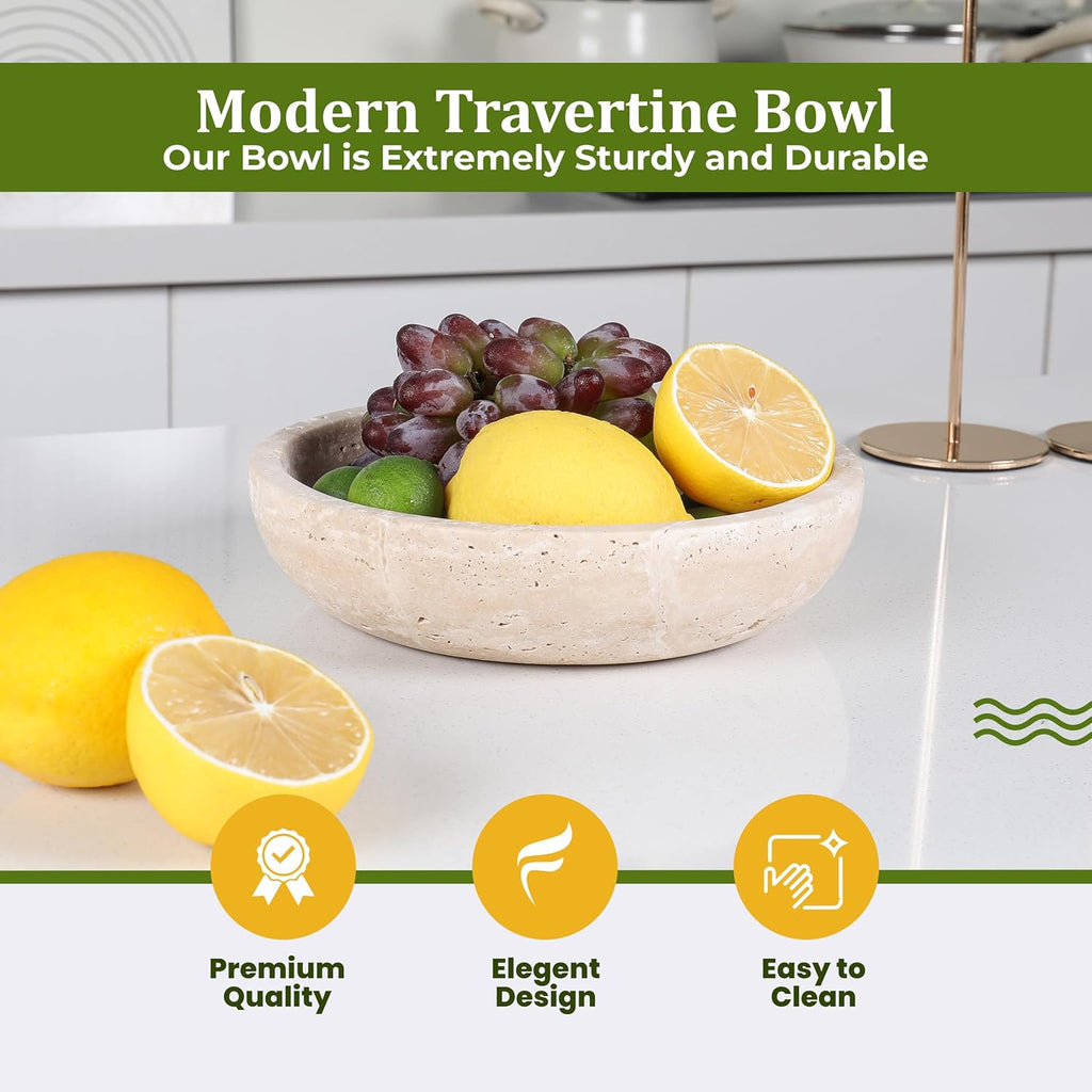 Travertine Decorative Bowl - 7.8" Diameter & 2" Height - Key Bowl Table - Travertine - Organic Modern Centerpiece