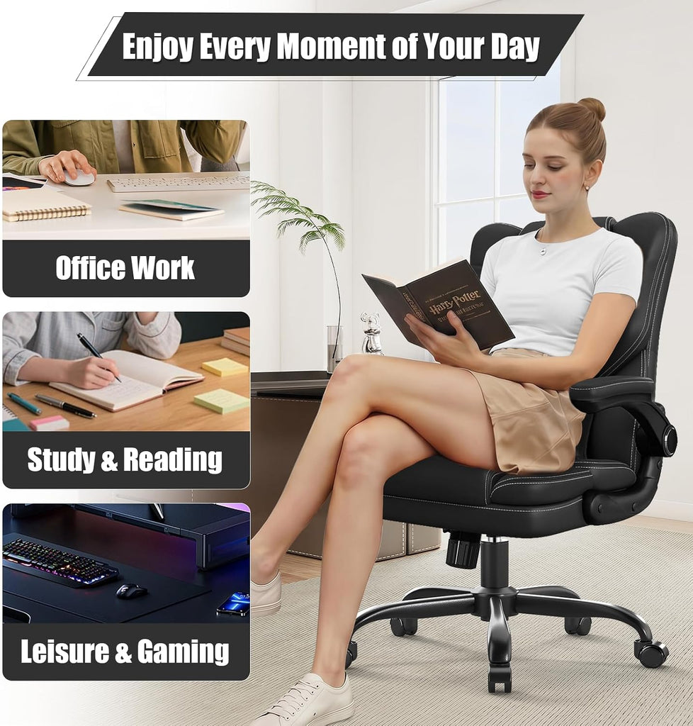 Ergonomic with Flip-Up Armrests, Mid Back Executive PU Leather Desk Chair, Height Adjustable with Lumbar Support
