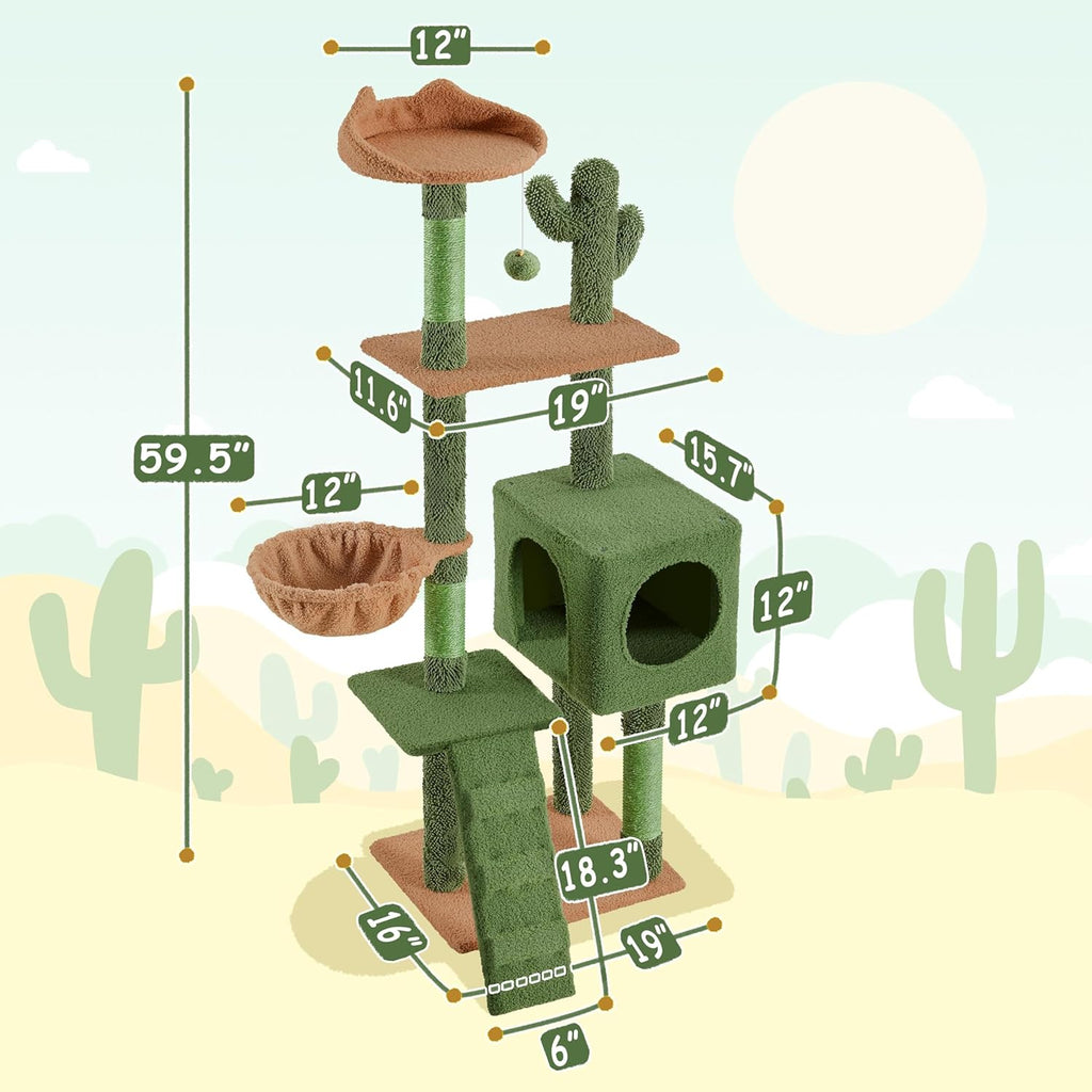 Cactus Cat Tree | 59.5in Cat Tower w/Cute Perch, Cozy Condo