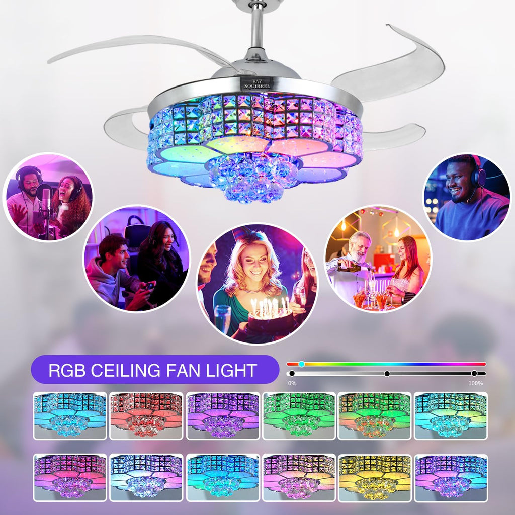 Retractable Ceiling Fan with Light and Remote/APP Control, Bluetooth Ceiling Fans with Speaker