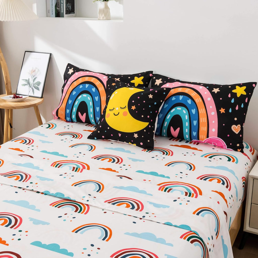 5 Piece Black Rainbow Comforter Set for Girls Boys Kids, Cartoon Cute Moon Stars Bedding Set, Bed in a Bag with - Set of 5