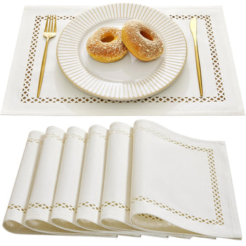 Farmhouse Burlap Hollow Placemats Set of 6, 12 x18 Inch Off White