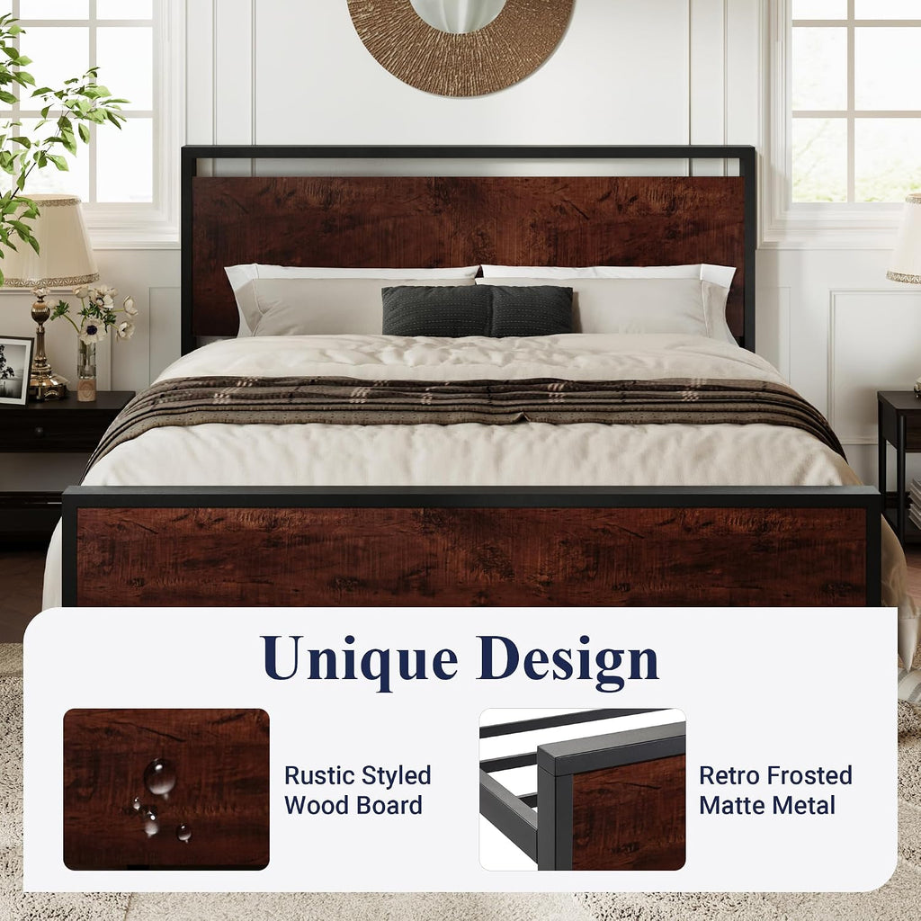 Queen Platform Bed Frame with Wooden Headboard and Footboard, Heavy Duty 12 Metal Slats Support, No Box Spring