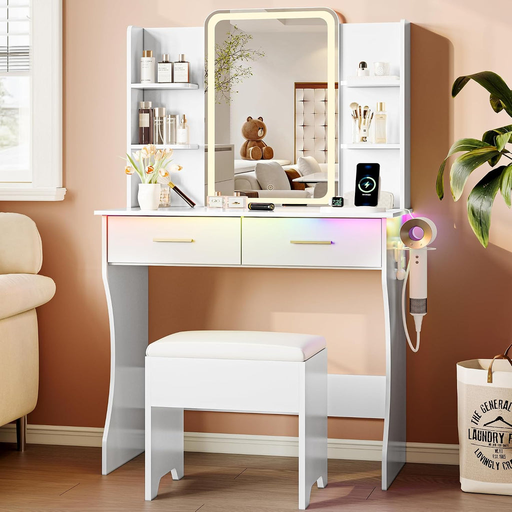 Vanity Desk with LED Lights Mirror & Power Outlet, Small Makeup Vanity Table Set with Storage Drawers & Chair, 3