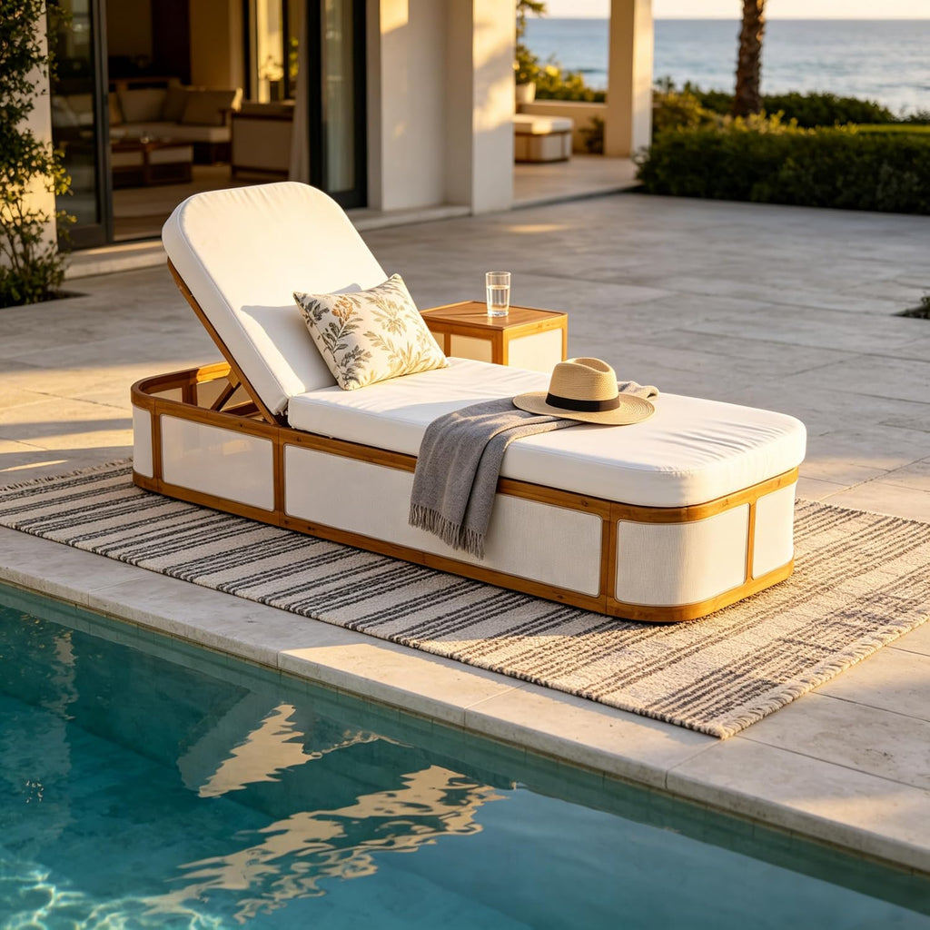 Teak Finish Acacia Wood Chaise Lounge Set with Cream 2-Fold Cushion, Outdoor Recliner Chair with 3-Position