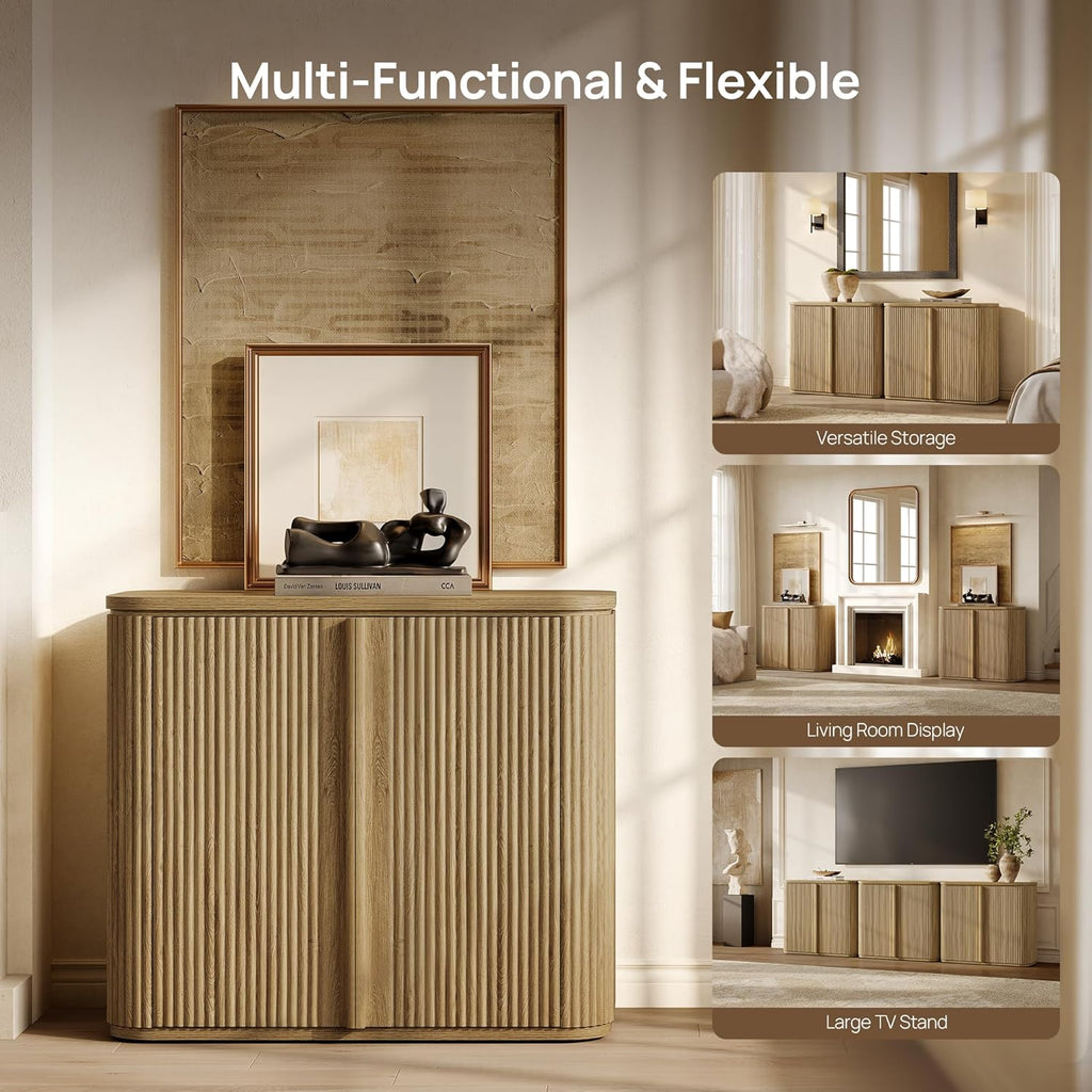 Fluted Sideboard Buffet Cabinet with Storage, Modern Credenza with Solid Wood Handle