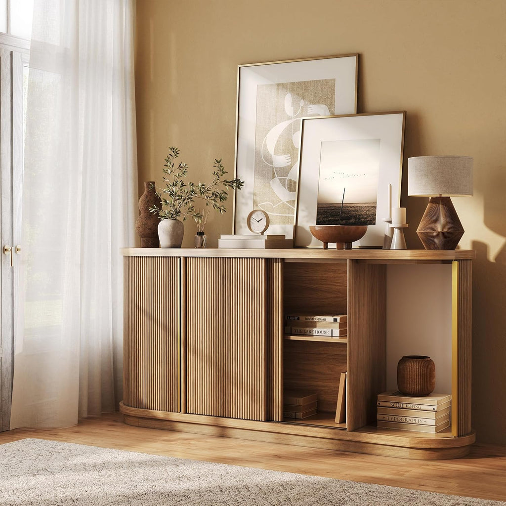 Turin 67" Sideboard Buffet Cabinet-Camel | Modern Style,Fluted Wood Sliding Tambour Door,Oval Curved,Gold