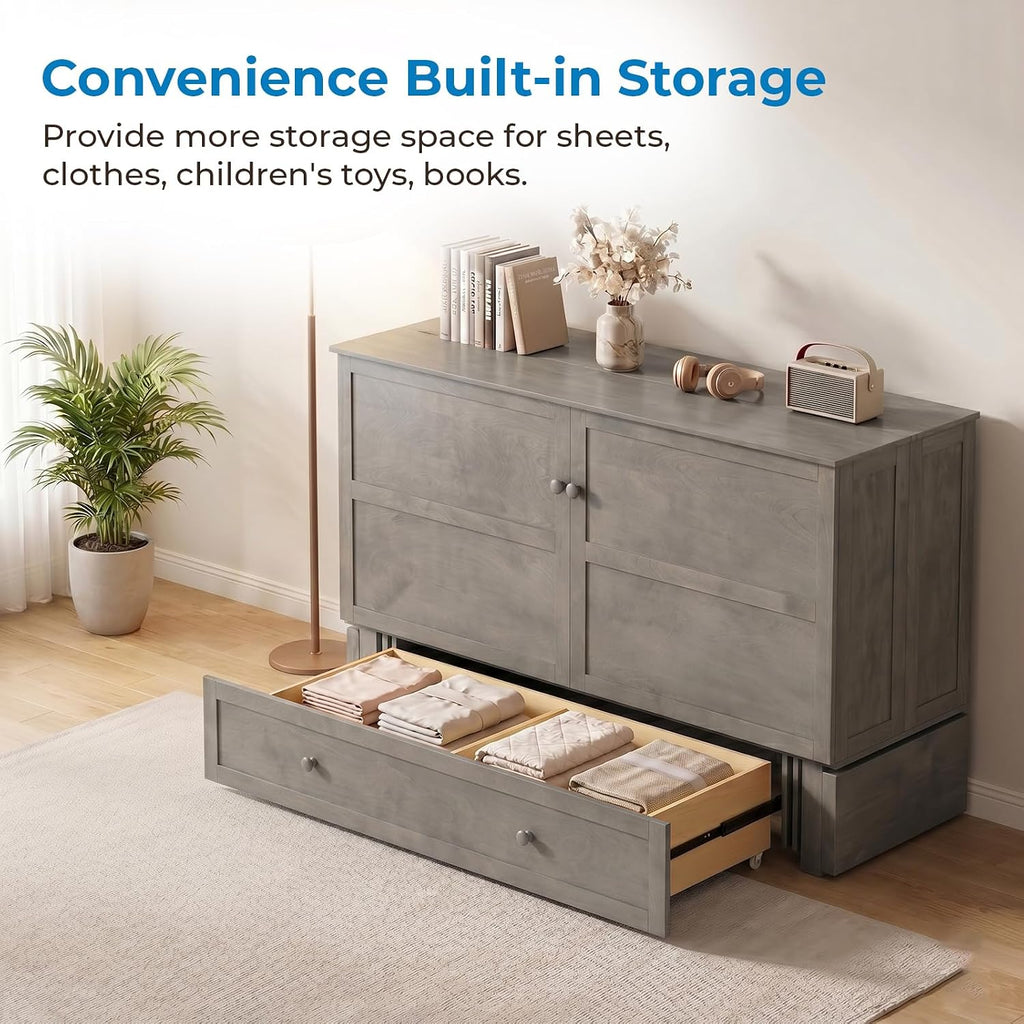 Queen Murphy Bed Cabinet with Tri-fold Mattress, Cabinet Bed with Built-in Charging Station, Storage Drawer, Solid