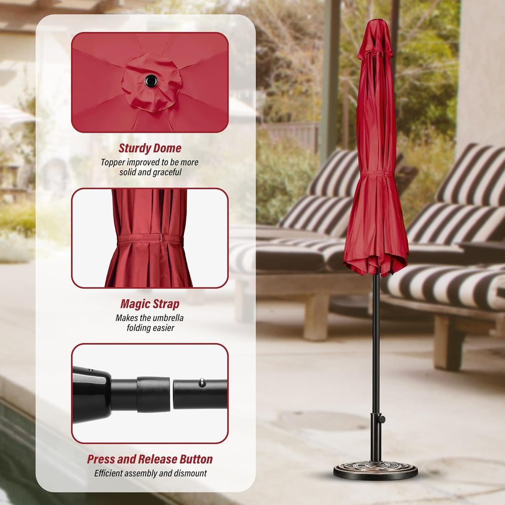 9FT Outdoor Patio Umbrella Table Market Umbrella with Push Button Tilt and Crank, 8 Sturdy Ribs - Ft-red