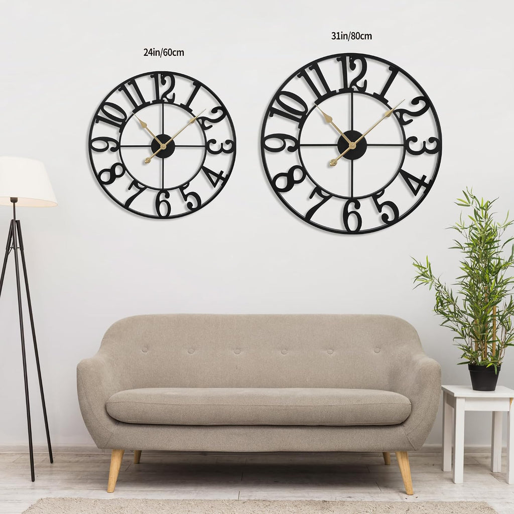 31 Inch Extra Large Wall Clock, Retro Decorative Oversized Silent Little Ticking Battery Operated,Black Metal
