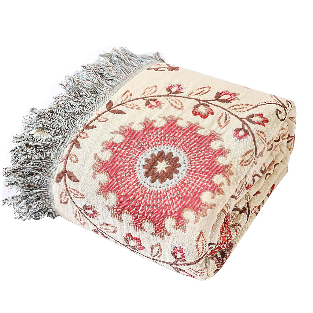 Boho Throw Blanket for Bed - 100% Cotton Ultra Soft Rustic Quilt - Pink Boho Floral Printed Farmhouse Decor Bed