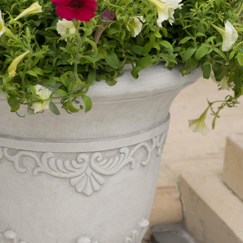 Antique White Urn Planter, Tall Outdoor Flower Pot for Garden and Patio, Classic Pedestal Design, Durable Magnesium