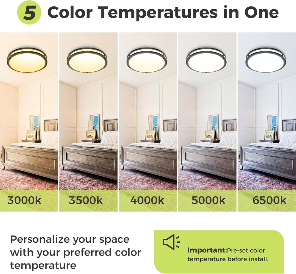 13inch Flush Mount Ceiling Light Fixture 2 Pack, Dimmable & 5 Color Temperatures Ceiling Light Black, 24W 3000K 3500K