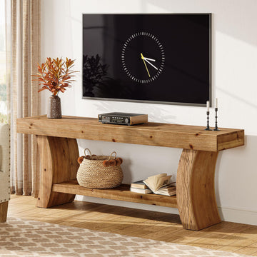 63" Solid Wood TV Stand for 55/60/65/75" TVs, Farmhouse TV Console, Low Entertainment Center with Storage
