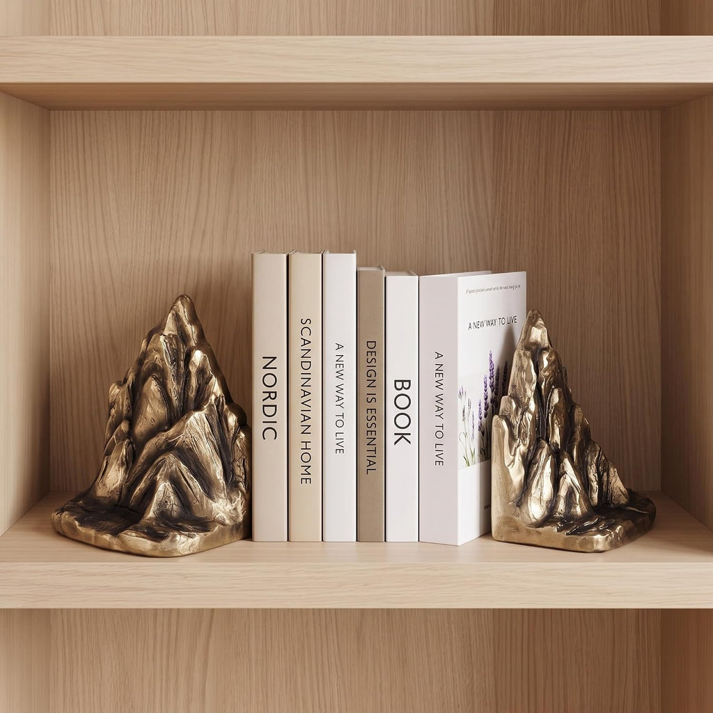 Mountain Bookends Set of 2, Resin Rock Bookends with Painted Finish, Decorative Mountain Shelf Decor for Bookshelf