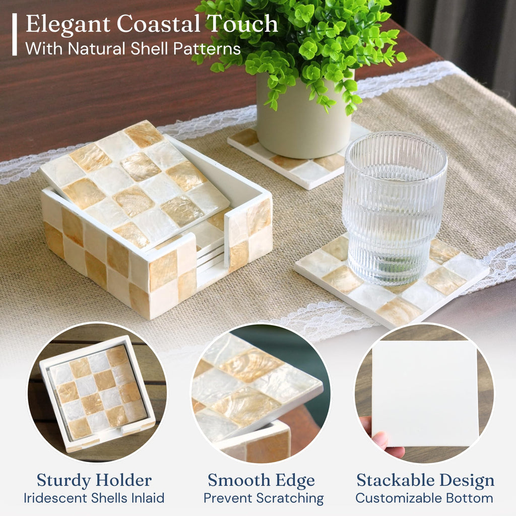 4" Capiz Shell Mosaic Square Coasters Set 6 with Holder, Ivory