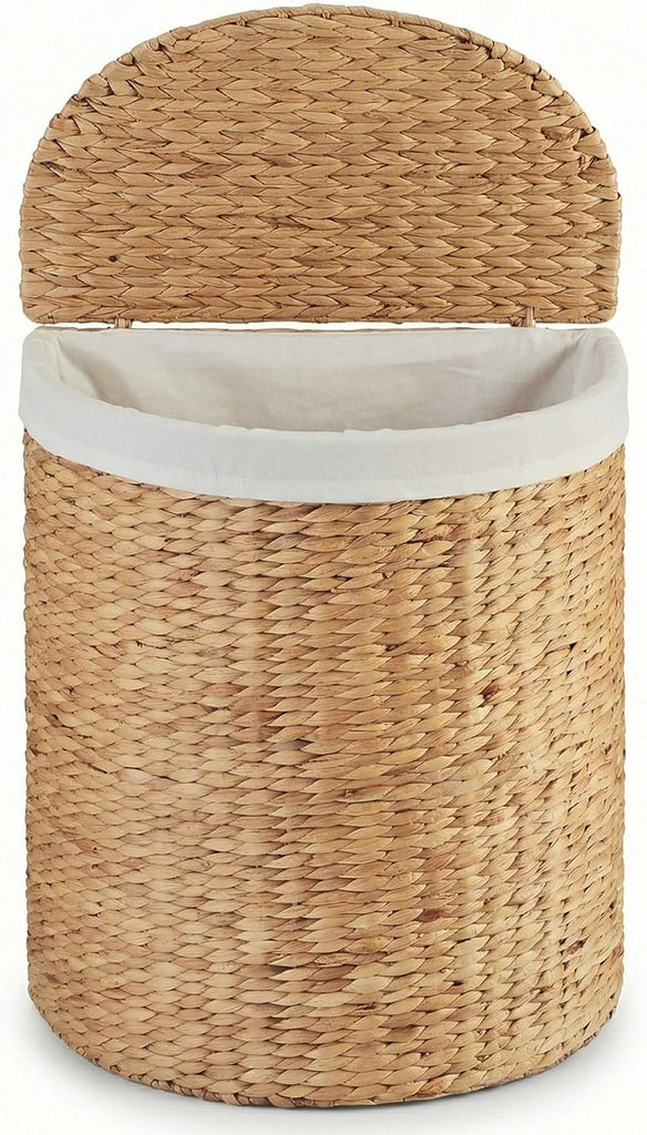 TM Water Hyacinth Laundry Hamper with Lid Stylish Half Moon Basket | Removable Liner and Lid, Handwoven, With