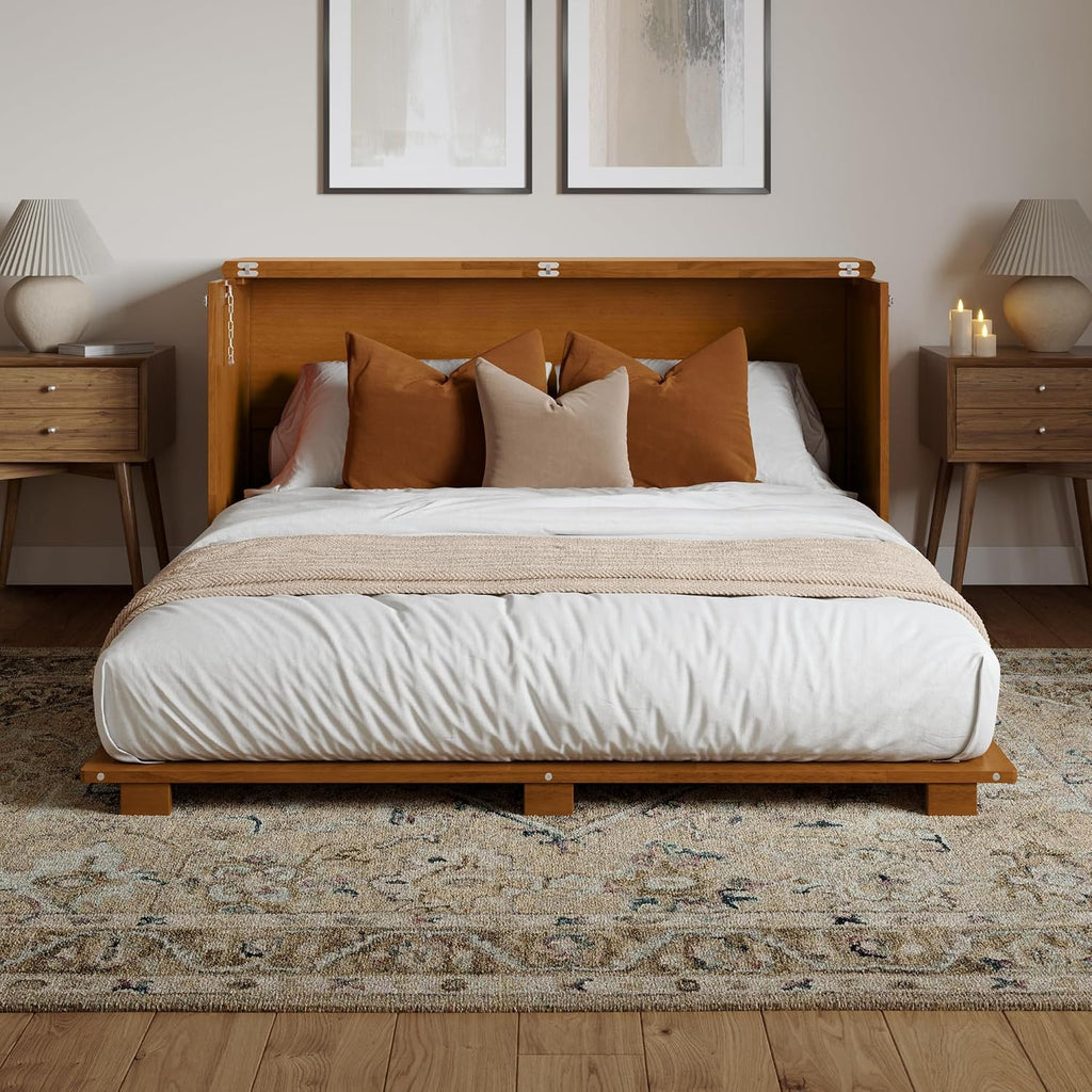 Queen Murphy Bed Chest with 6-Inch Folding Mattress, Light Toffee
