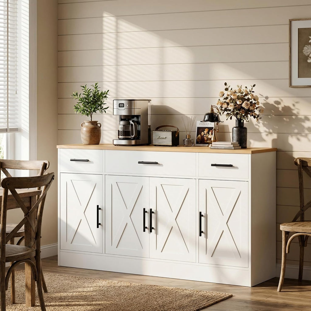 Buffet Cabinet with Storage, Farmhouse Storage Cabinet with 4 Doors and 3 Drawers