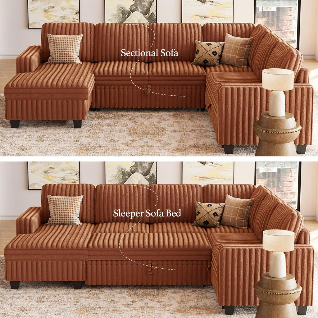 Corduroy Sleeper Sofa Bed with Storage Chaise Modular Sectional Sofa Couch with Pull Out Bed L Shaped