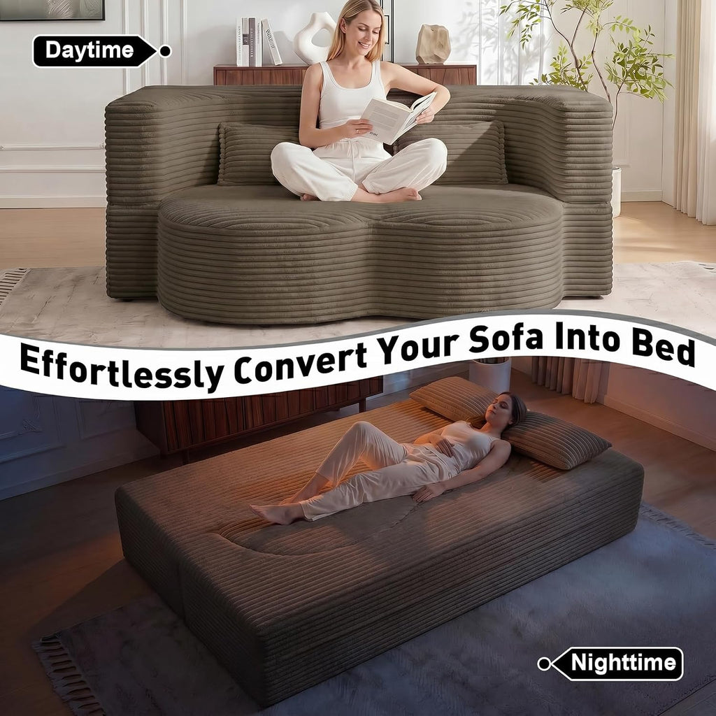 78" Convertible Futon Sofa Bed, Full Siz Corduroy Boneless Couch Bed, Brown | Sleeper Sofa Bed with Pillows & Deep