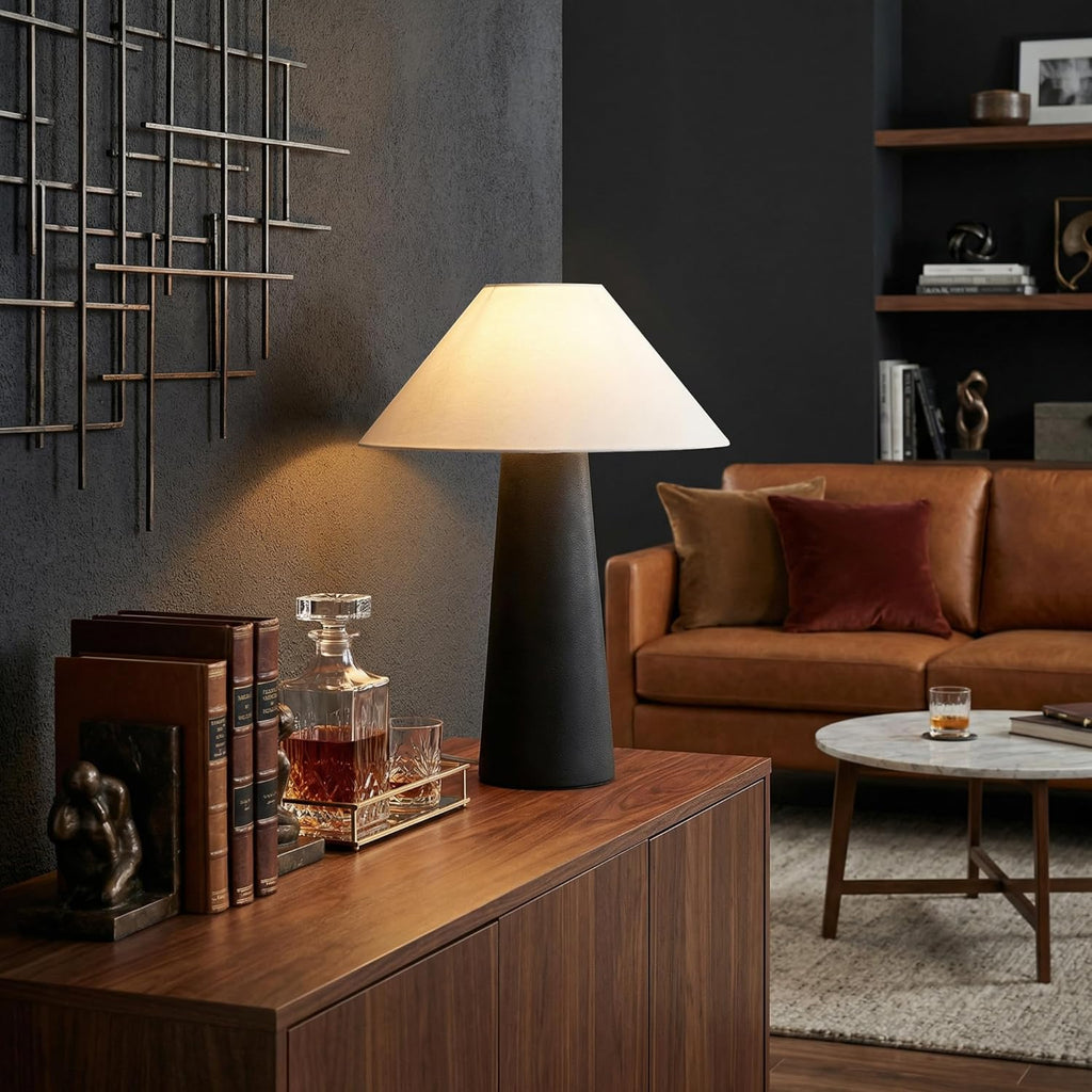 Novogratz x 18" Ceramic Table Lamp, Matte Black, Off-White Tapered Fabric Shade, in-Line Rocker Switch
